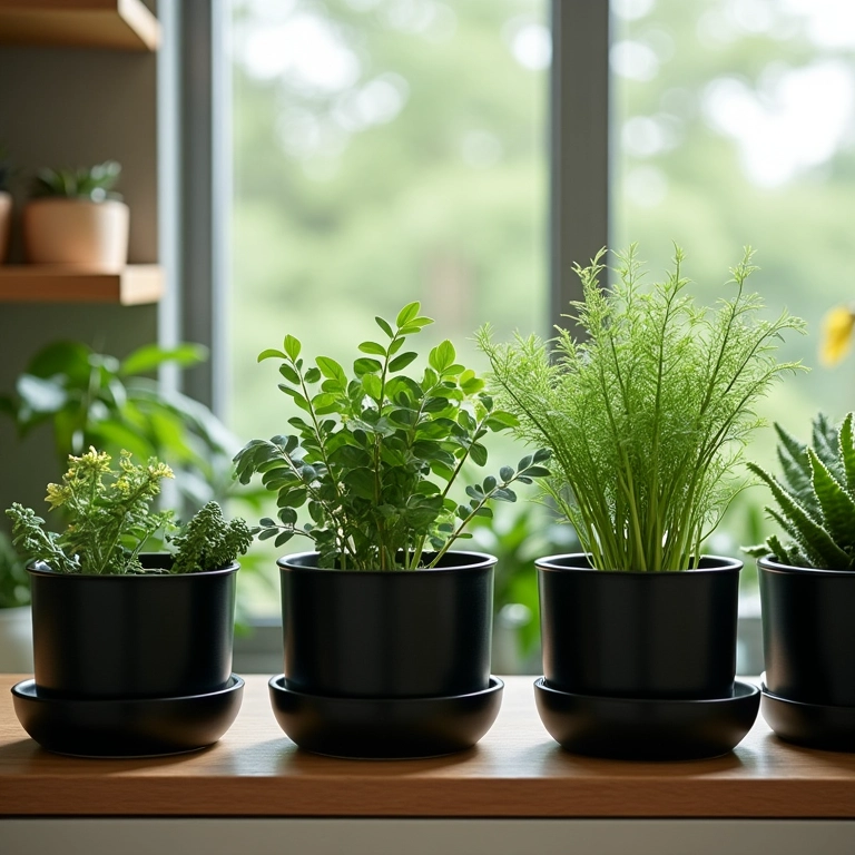 Plantas e ervas em vasos decorando cozinha com prateleiras de madeira e iluminação natural.