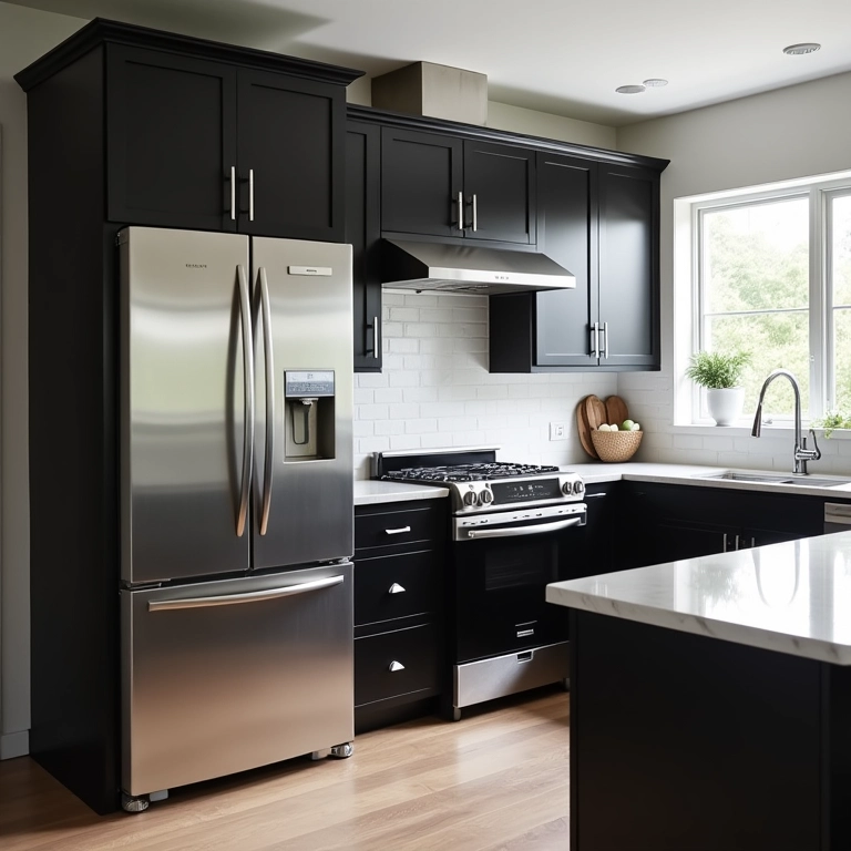 Eletrodomésticos de inox em cozinha com armários pretos e madeira, design minimalista.
