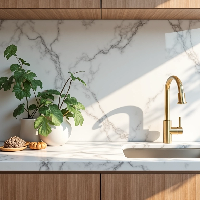 Mistura de texturas em cozinha com madeira e mármore, iluminação natural e detalhes em latão.