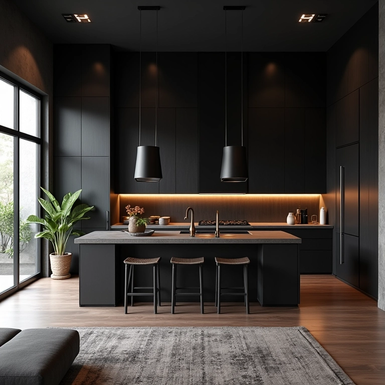 Cozinha integrada à sala com decoração em preto e madeira, design minimalista e arte brasileira.