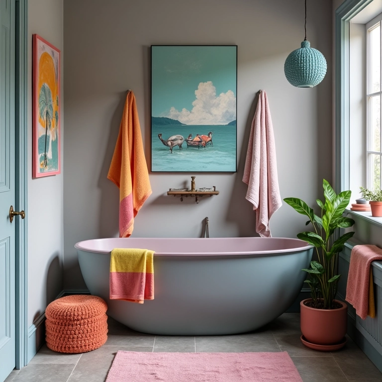 Acessórios coloridos quebrando a monotonia do banheiro cinza.