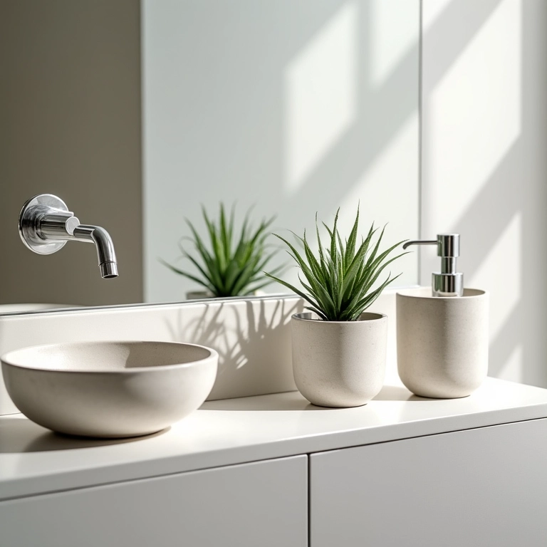 Acessórios de concreto em banheiro com decoração moderna.
