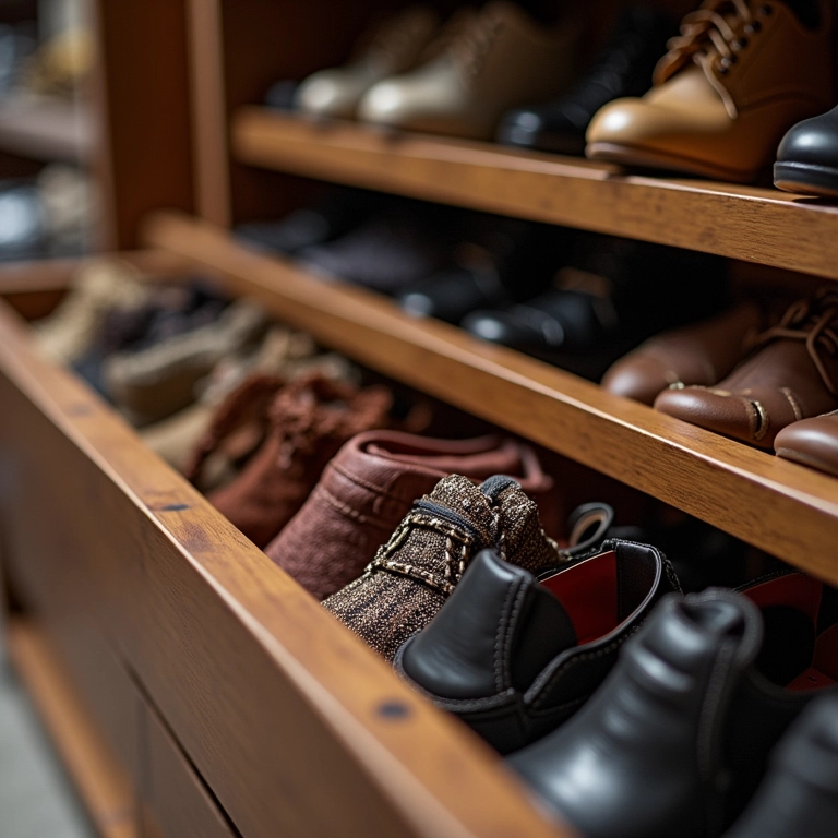 Acessórios e sapatos organizados em um guarda-roupa.