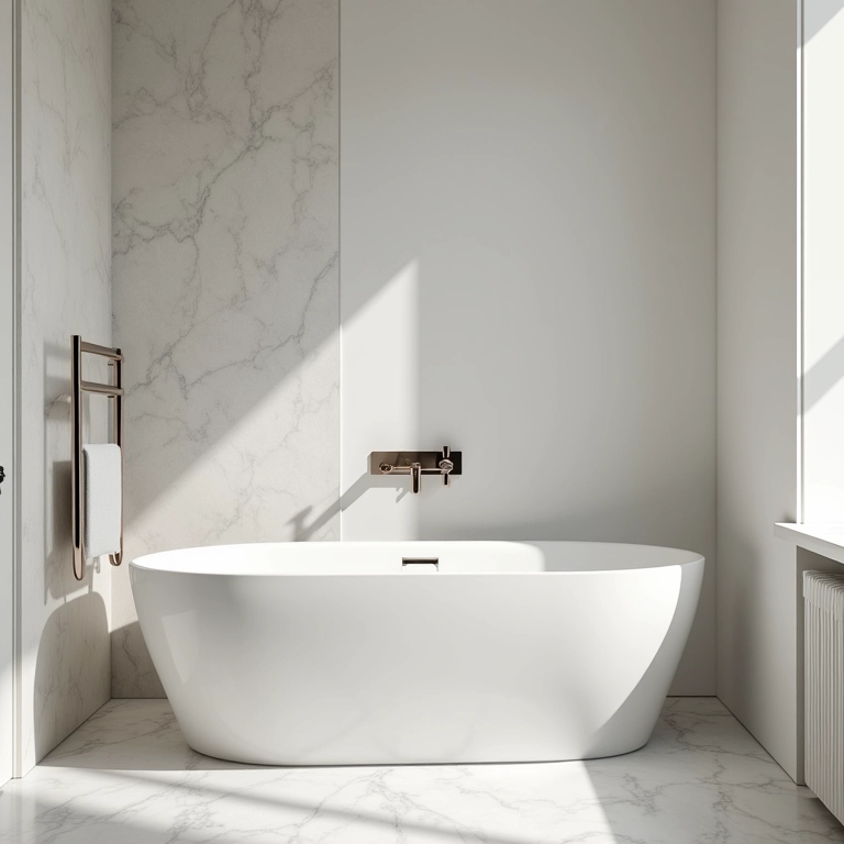 Acessórios metalizados em um banheiro moderno.