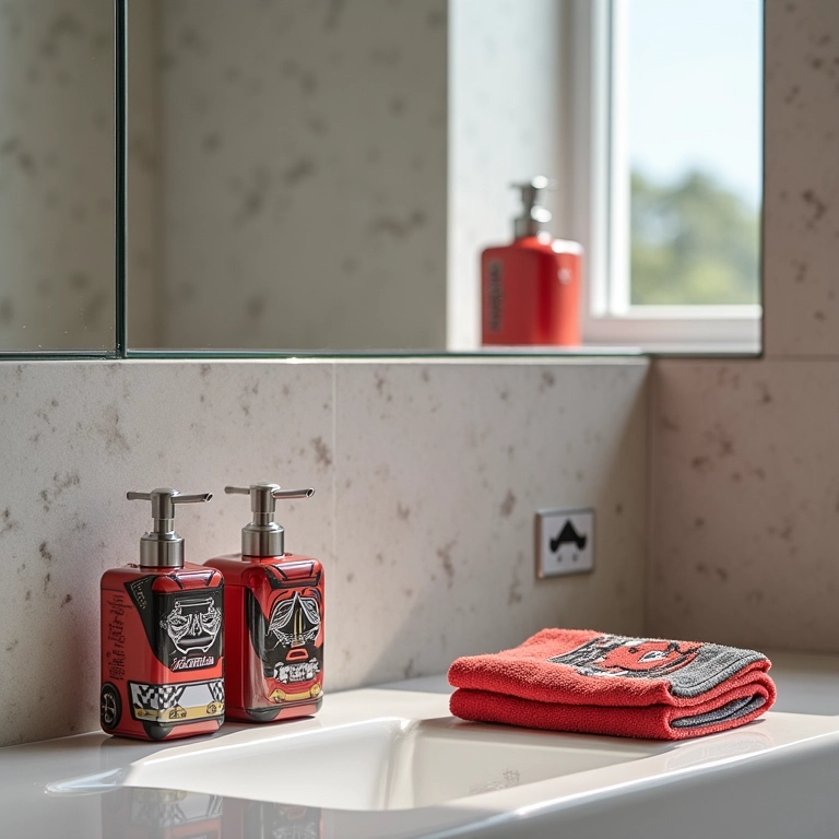 Acessórios temáticos de carros, como dispenser de sabonete em formato de carro e toalhas com bandeira de corrida.