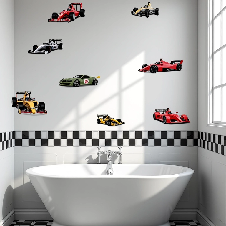 Adesivos e papéis de parede de corrida transformando o banheiro em uma pista.