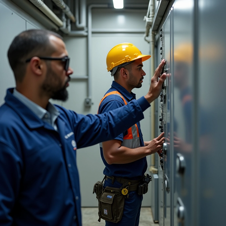 Administrador de prédio inspecionando painel elétrico com um técnico.
