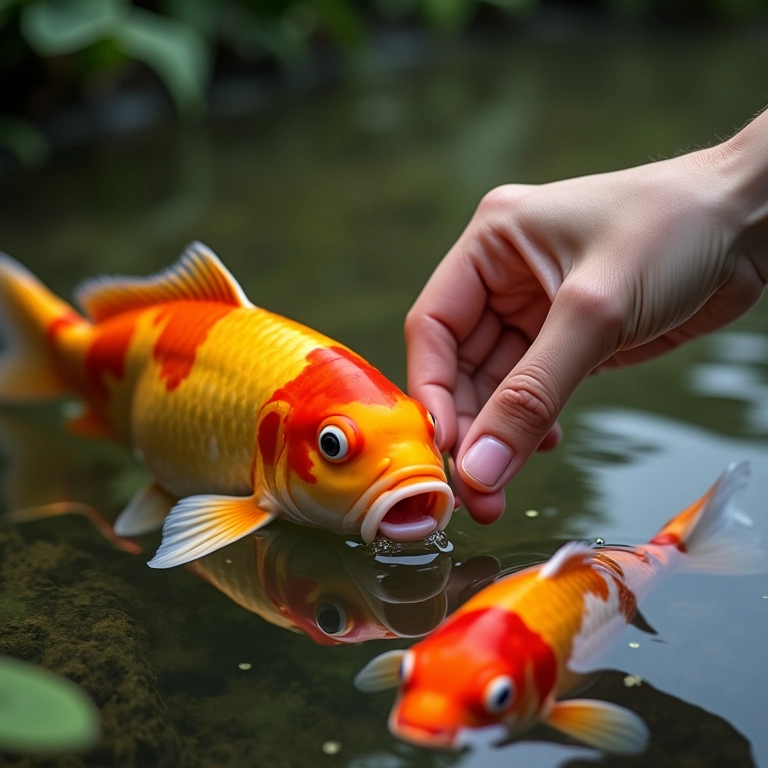 Alimentando peixes em um tanque de jardim: carpas coloridas comendo na mão.