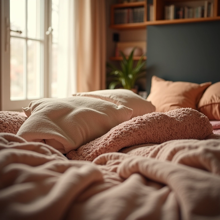Almofadas e mantas proporcionando conforto e estilo em sala de TV.