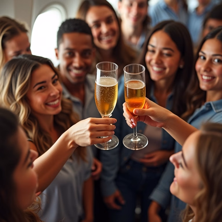 Amigos brindando em voo comemorando viagem de sonho com milhas aéreas.