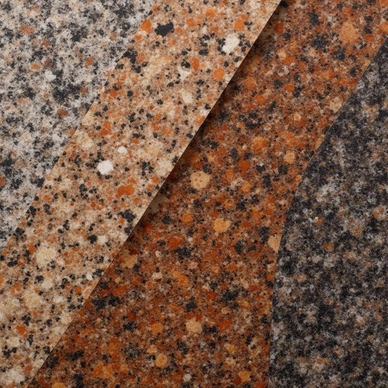 Amostras de diferentes tipos de granito marrom, mostrando suas cores e texturas.