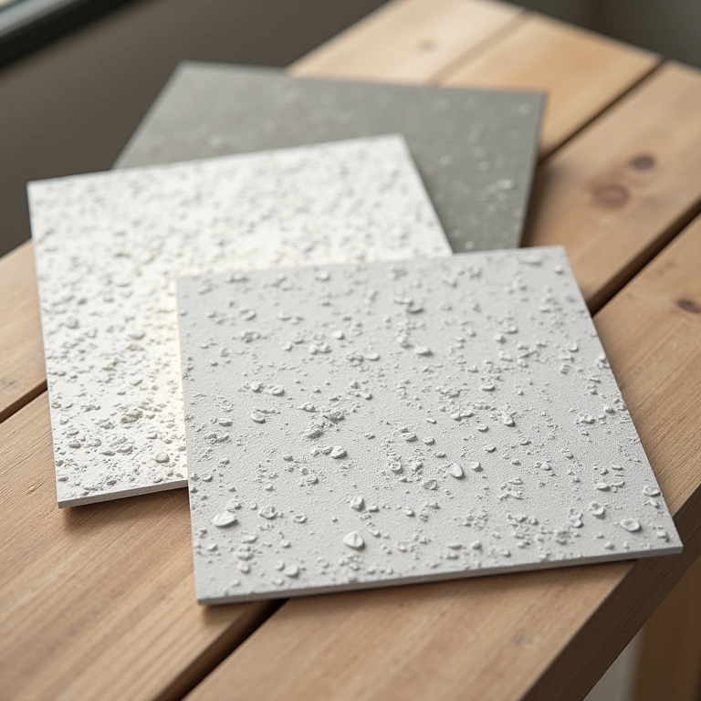 Amostras de porcelanato antiderrapante com diferentes texturas para banheiro.