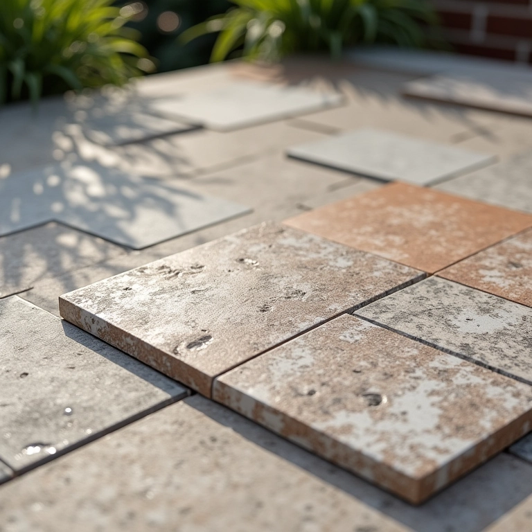 Amostras de revestimentos cerâmicos e pedras para área de churrasco.