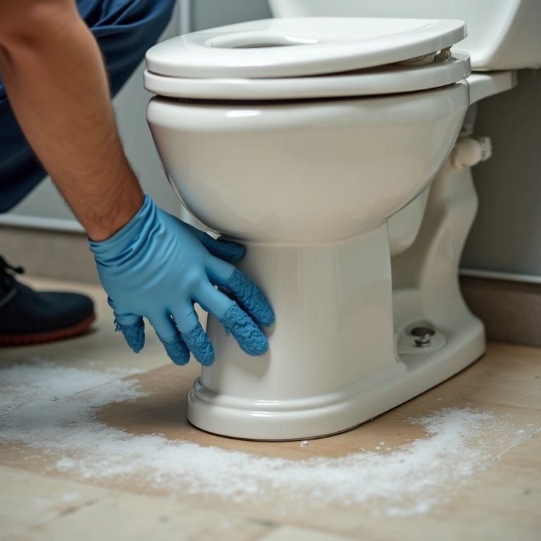 Aplicação de selante para evitar vazamentos no vaso sanitário.