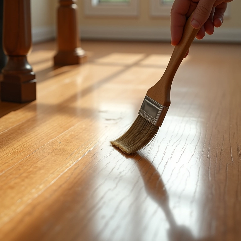 Aplicação de verniz poliuretano em assoalho de madeira restaurado, protegendo e dando brilho.