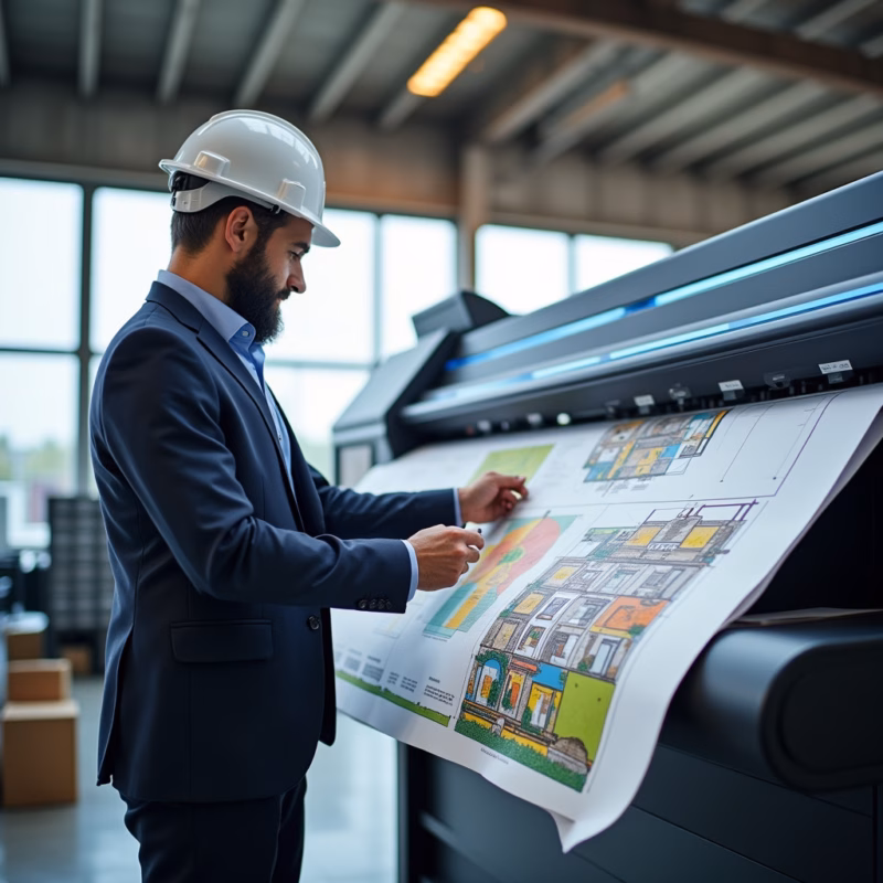 Architect reviewing colorful renderings, wide color gamut toner, vibrant presentation, professional Arquiteta analisando renderização colorida impressa com toner de boa gama.