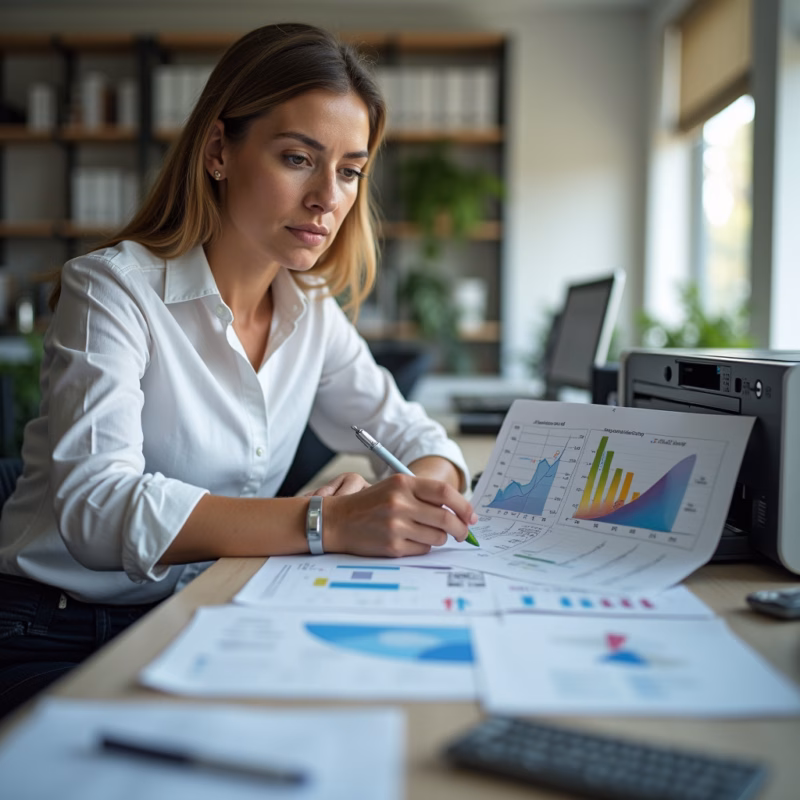 Architect using eco-friendly toner, sustainable office practices, green certification, professional Arquiteta utilizando toner com certificação ambiental em escritório sustentável.