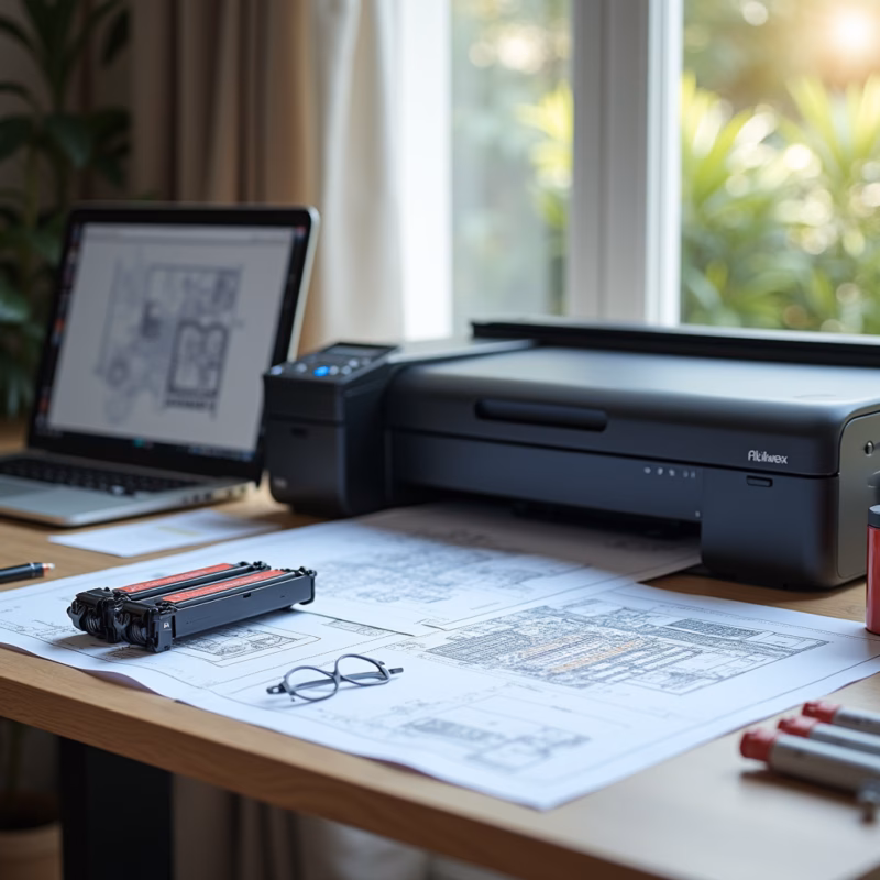 Architect's desk, laser printer, vibrant architectural blueprints, toner cartridges, natural light, Arquiteta trabalhando com impressora e projetos, foco nos toners.