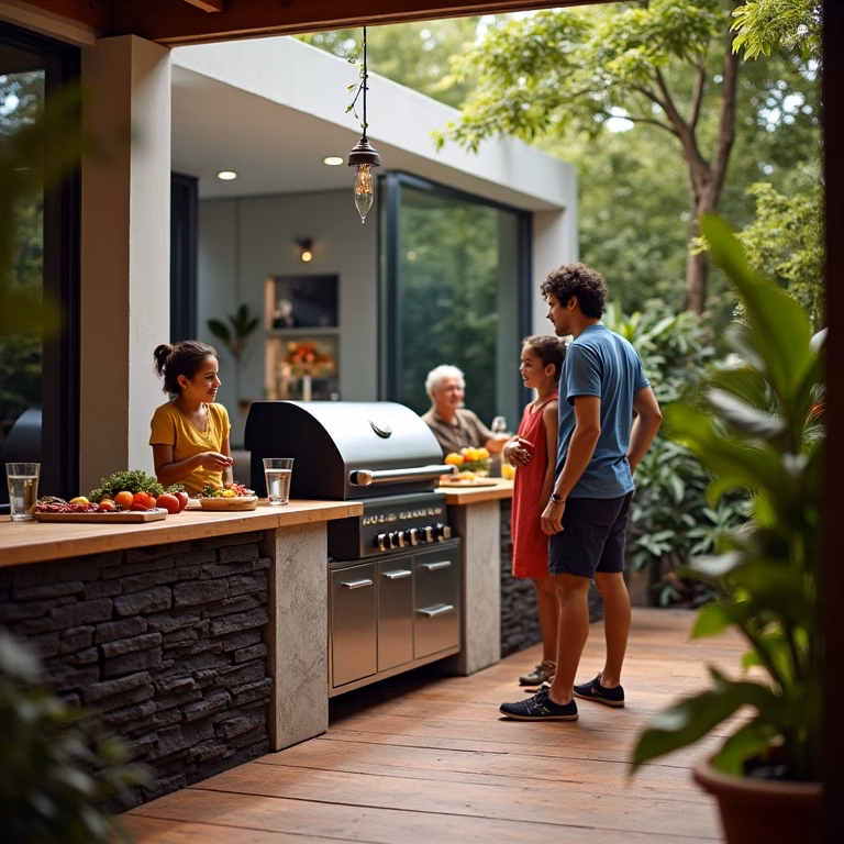 Área de churrasco moderna e vibrante com família reunida.
