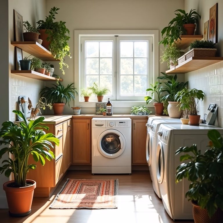 Área de serviço organizada com plantas e decoração brasileira vibrante.