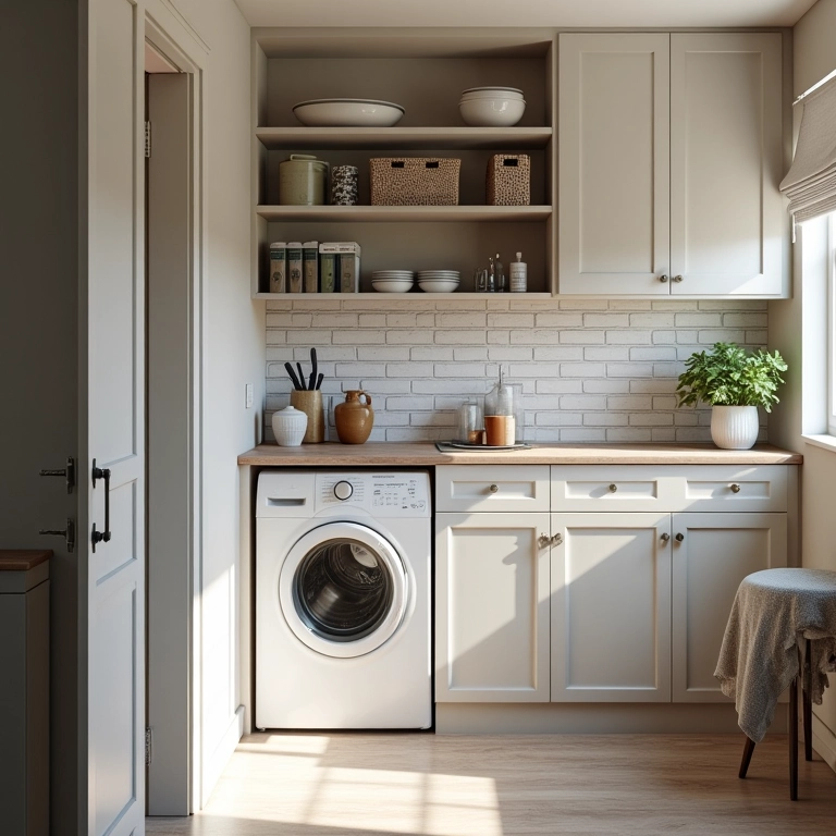 Área de serviço pequena com armários planejados.