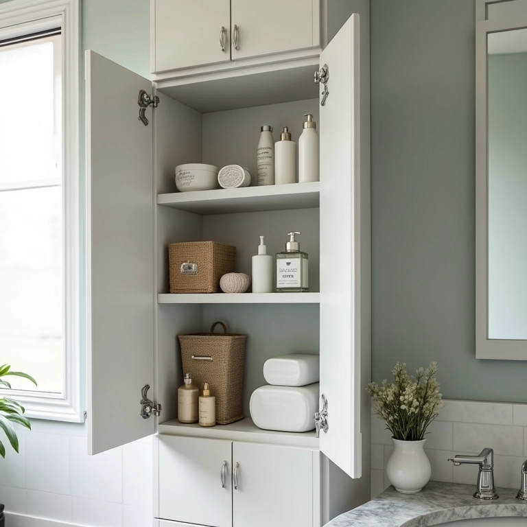 Armário de banheiro bem organizado com prateleiras, gavetas e compartimentos.