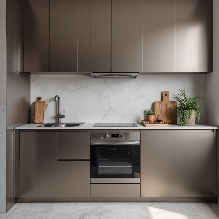 Armário de cozinha de aço com design minimalista em apartamento moderno.