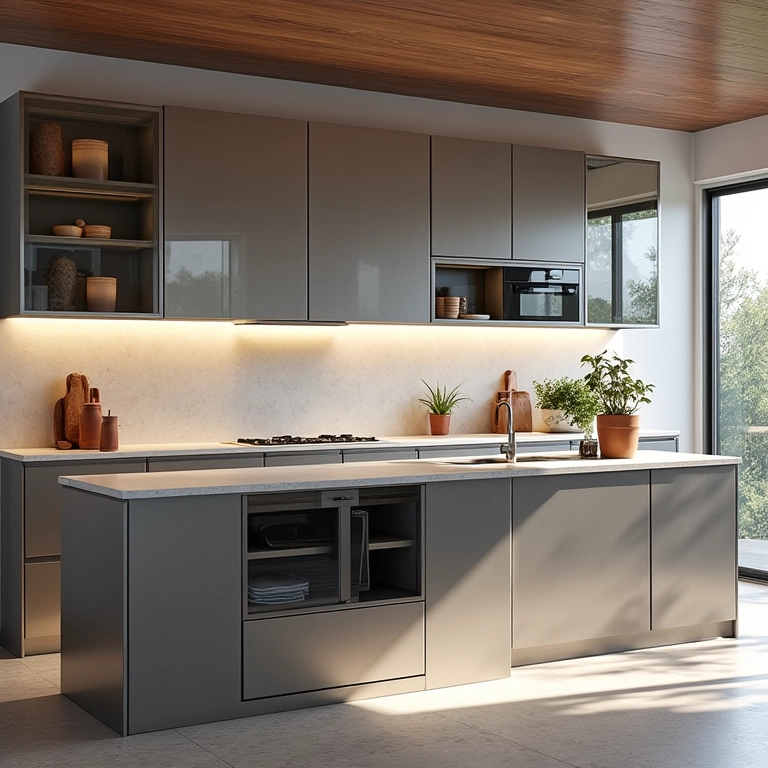 Armário de cozinha de aço com portas de vidro em cozinha moderna.