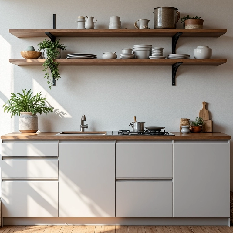 Armário de cozinha de aço com prateleiras abertas em cozinha arejada.