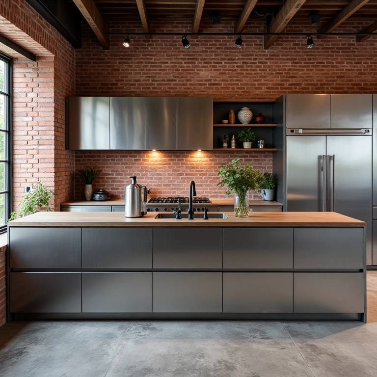 Armário de cozinha de aço em estilo industrial com tijolos aparentes.