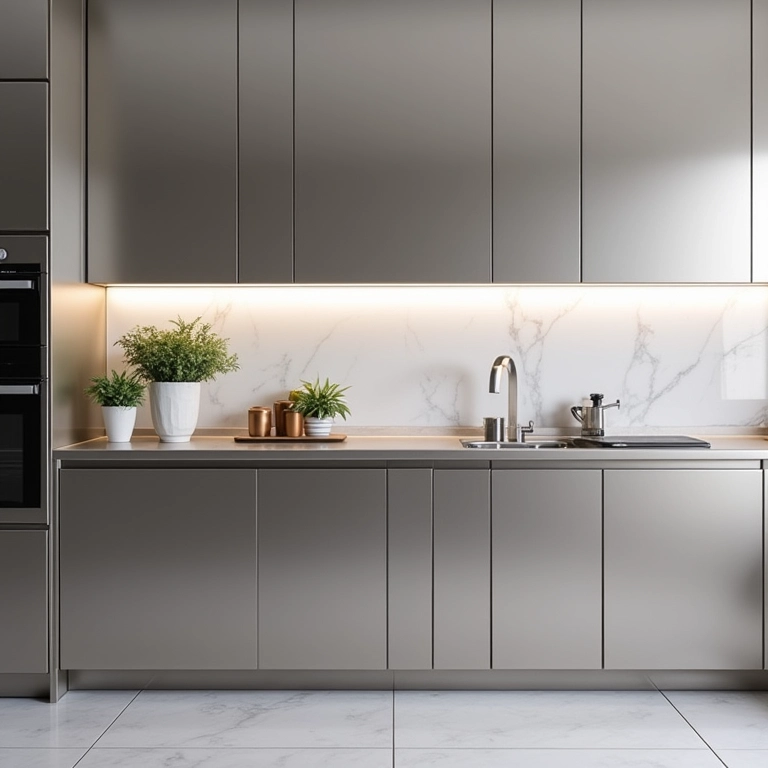 Armário de cozinha de aço inox em cozinha minimalista.