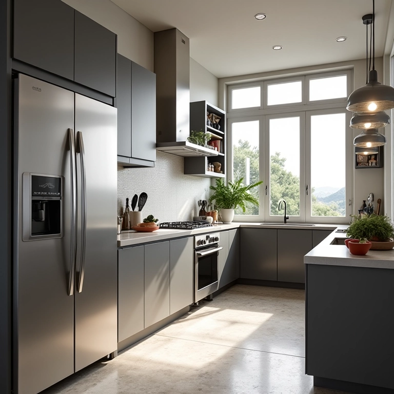 Armário de cozinha de aço modulado em cozinha organizada.