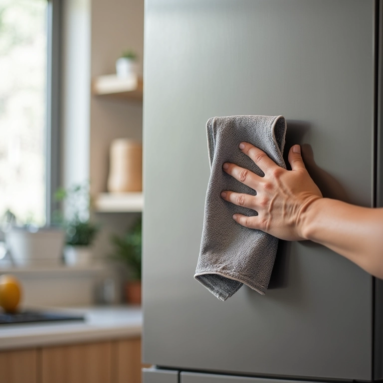 Armário de cozinha de aço sendo limpo facilmente com um pano úmido.