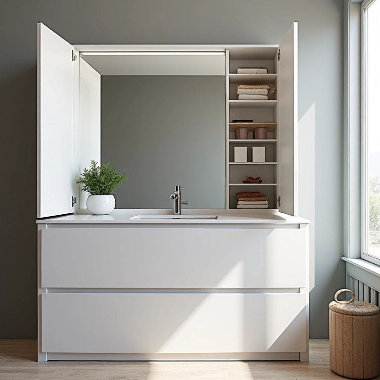 Armazenamento organizado em gabinete de banheiro de 60cm.