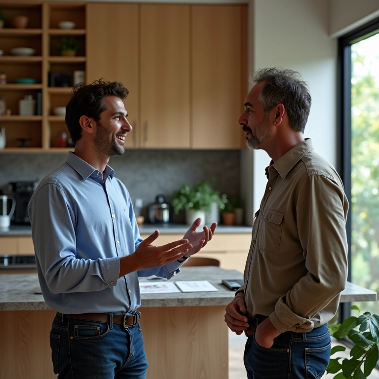 Arquiteta brasileira explicando benefícios do aquecimento solar para cliente.
