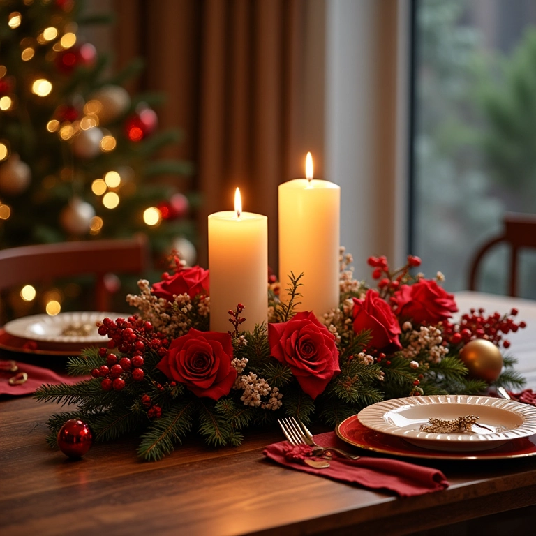 Arranjo central festivo para mesa de Natal.