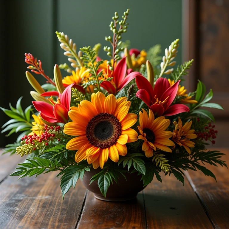 Arranjos florais com flores brasileiras em uma mesa de Natal.