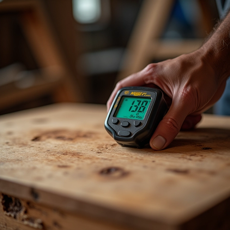 Artesão medindo a umidade da madeira em sua oficina com um medidor de umidade.