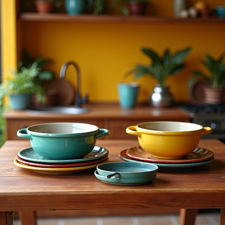 Assadeiras de cerâmica coloridas em uma mesa de madeira.