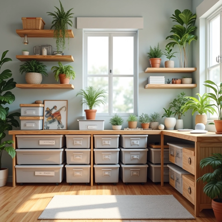 Ateliê de costura otimizado com caixas organizadoras para pequenos objetos.