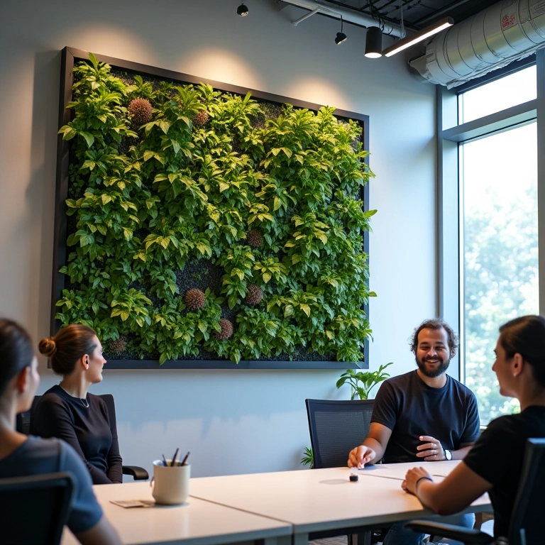 Atmosfera relaxante em escritório com jardim vertical, reduzindo o estresse.