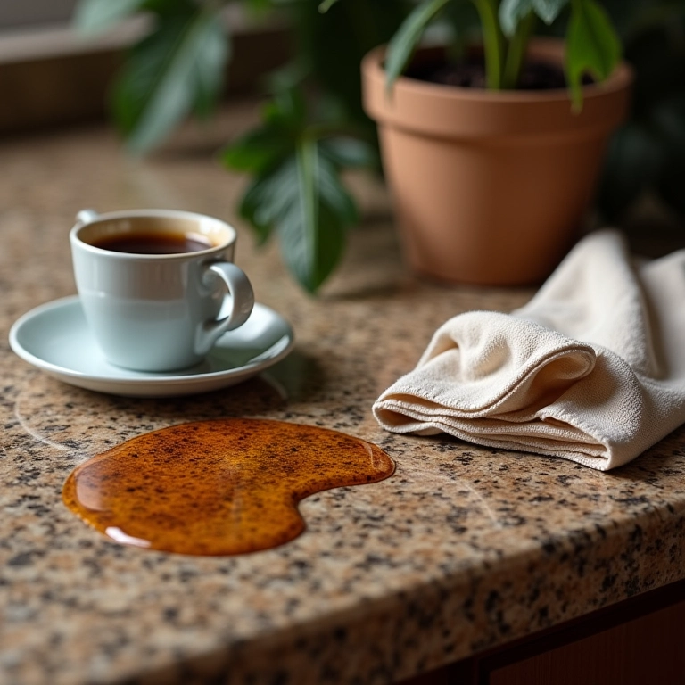 Bancada de granito marrom com café derramado, lembrando da importância da limpeza.