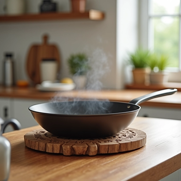 Bancada de madeira protegida com descanso de panela.