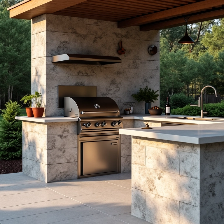 Bancada e pia de pedra natural em área de churrasco funcional.