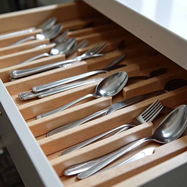Bandejas com divisórias organizando talheres em gaveta.