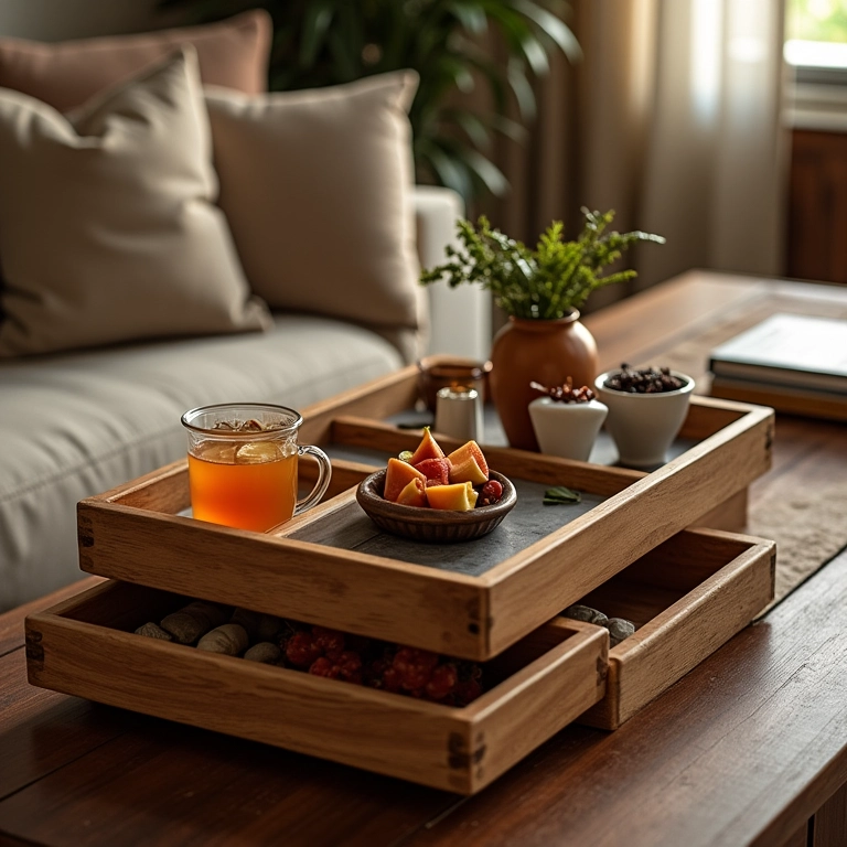 Bandejas decorativas em uma mesa de centro com gavetas.