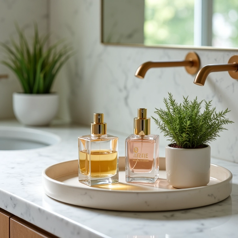 Bandejas decorativas no lavabo com perfumes e plantas.