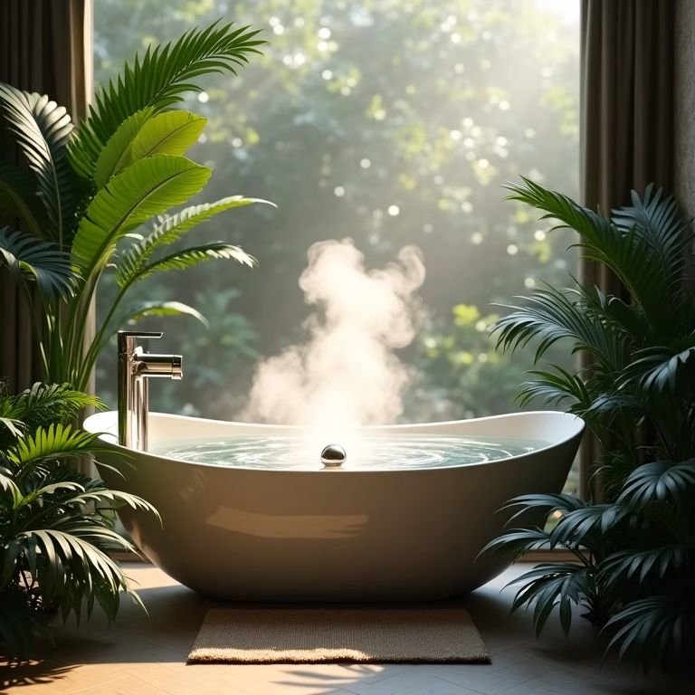 Banheira de spa luxuosa com água fumegante e plantas verdes exuberantes ao redor.