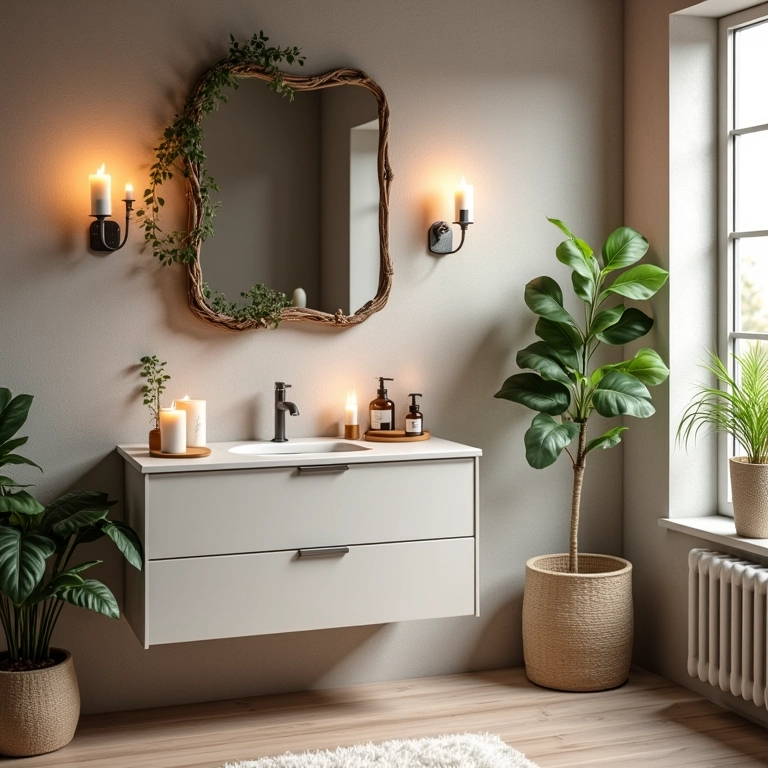 Banheiro charmoso com armário espelhado, velas, plantas e detalhes decorativos.