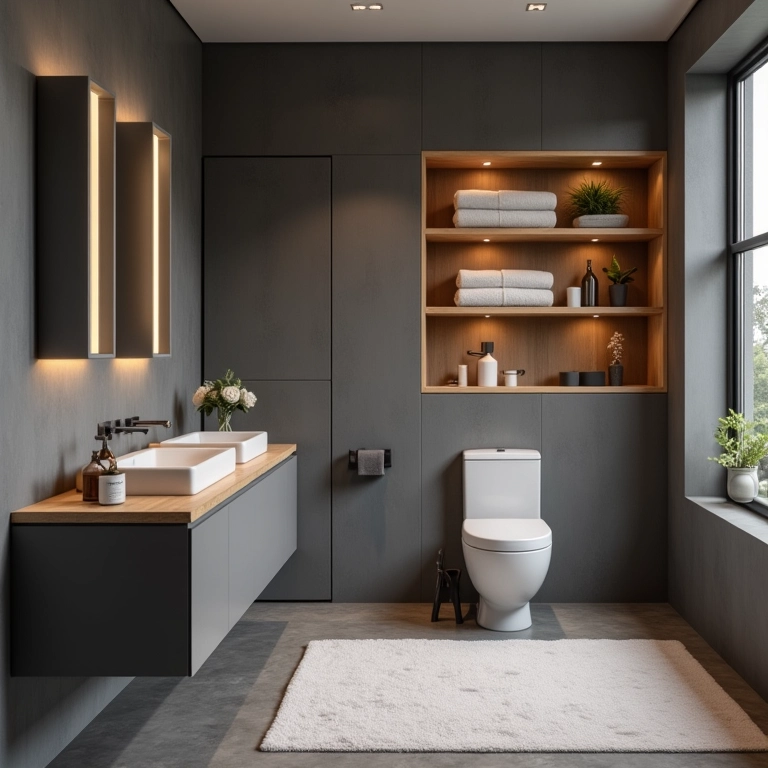 Banheiro cinza com detalhes em madeira para aquecer o ambiente.